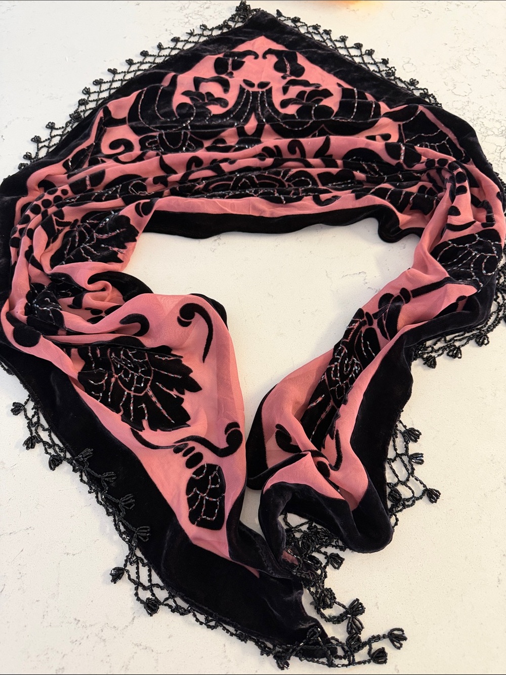 Rabella Pink and Black 100% Silk with Velvet and Beaded trim Triangular Scarf